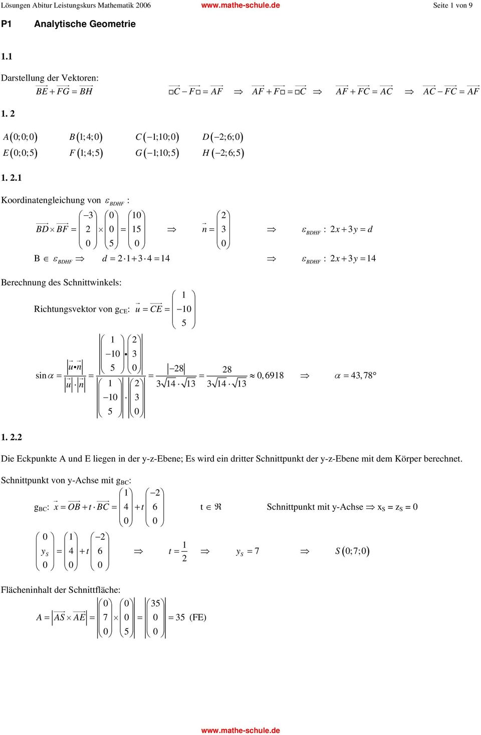 . Koodinaengleichung von ε BDHF : BD BF = = n = ε BDHF : + y = d B ε BDHF d = + 4 = 4 ε BDHF : + y = 4 Beechnung des Schniwinels: Richungsveo von g CE : u = CE = i un i 8