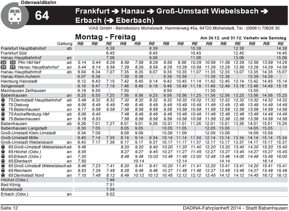 45 Hanau Hauptbahnhof an 7.06 9.06 11.06 13.06 15.06 S8 S9 Ffm Hbf tief ab 5.14 5.44 6.29 6.59 7.59 8.29 8.59 9.59 10.29 10.59 11.59 12.29 12.59 13.59 14.29 S8 S9 Hanau Hauptbahnhof an 5.44 6.14 6.