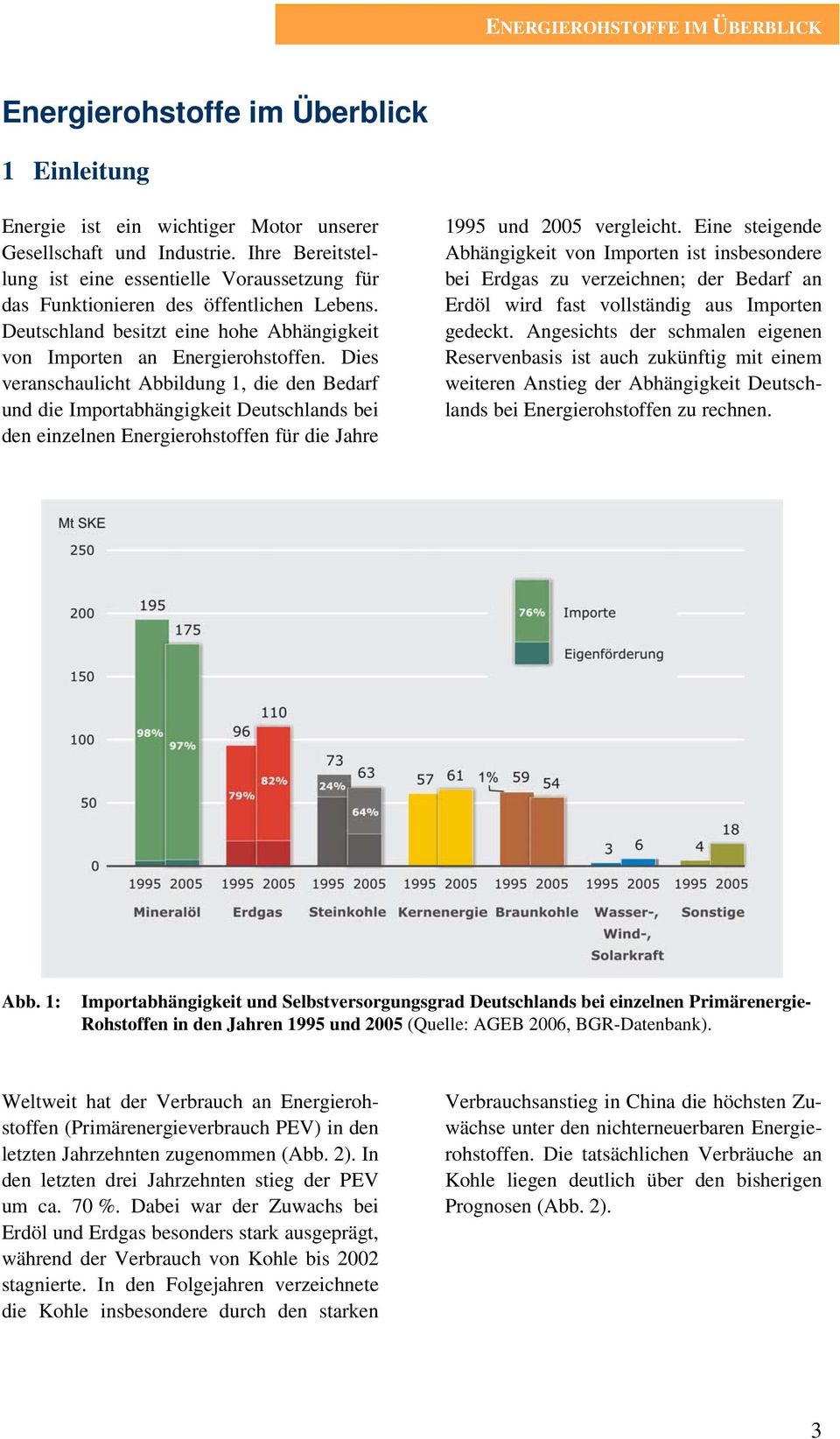 Dies veranschaulicht Abbildung 1, die den Bedarf und die Importabhängigkeit Deutschlands bei den einzelnen Energierohstoffen für die Jahre 1995 und 2005 vergleicht.