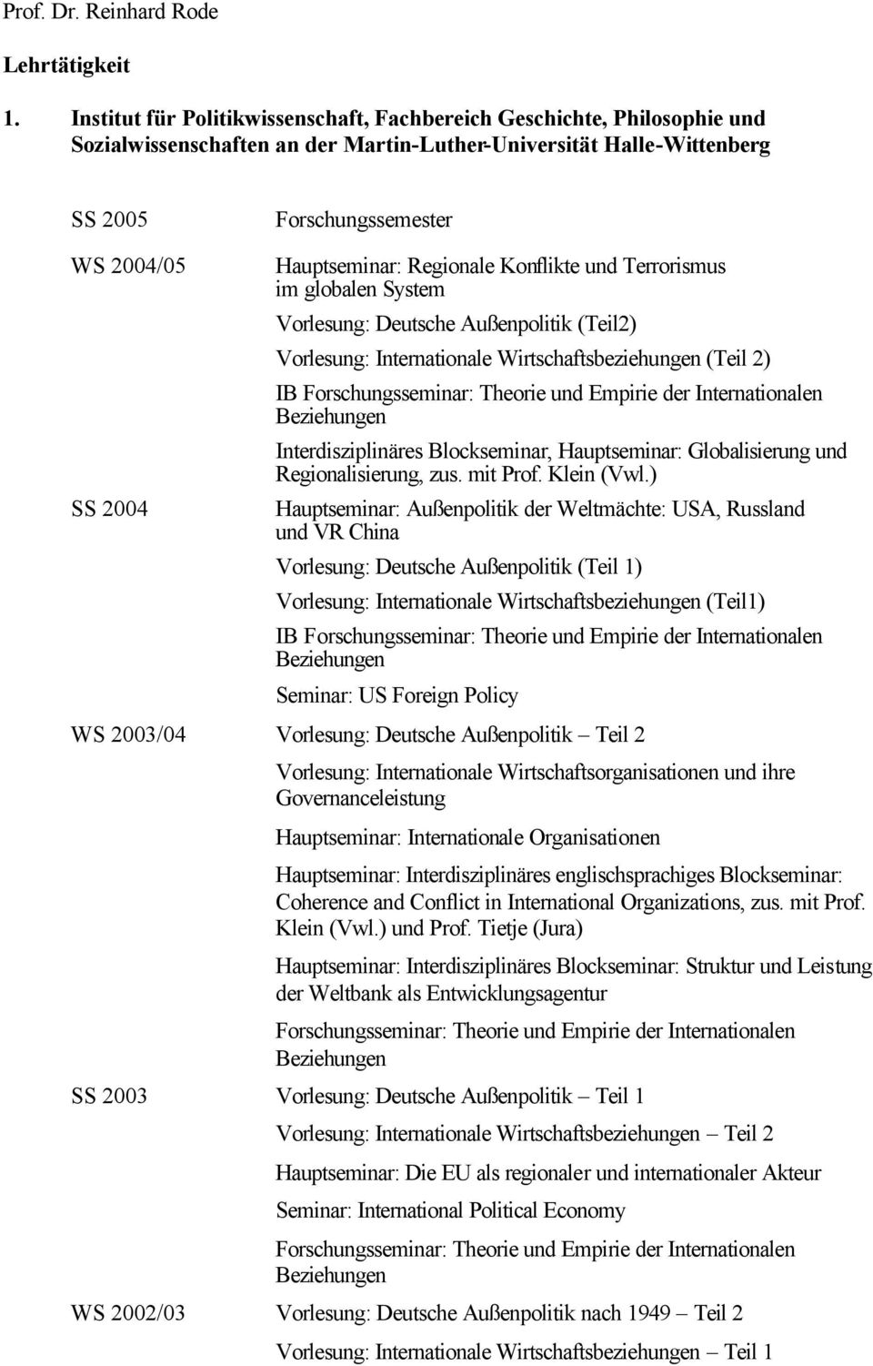 Hauptseminar: Regionale Konflikte und Terrorismus im globalen System Vorlesung: Deutsche Außenpolitik (Teil2) Vorlesung: Internationale Wirtschaftsbeziehungen (Teil 2) IB Interdisziplinäres
