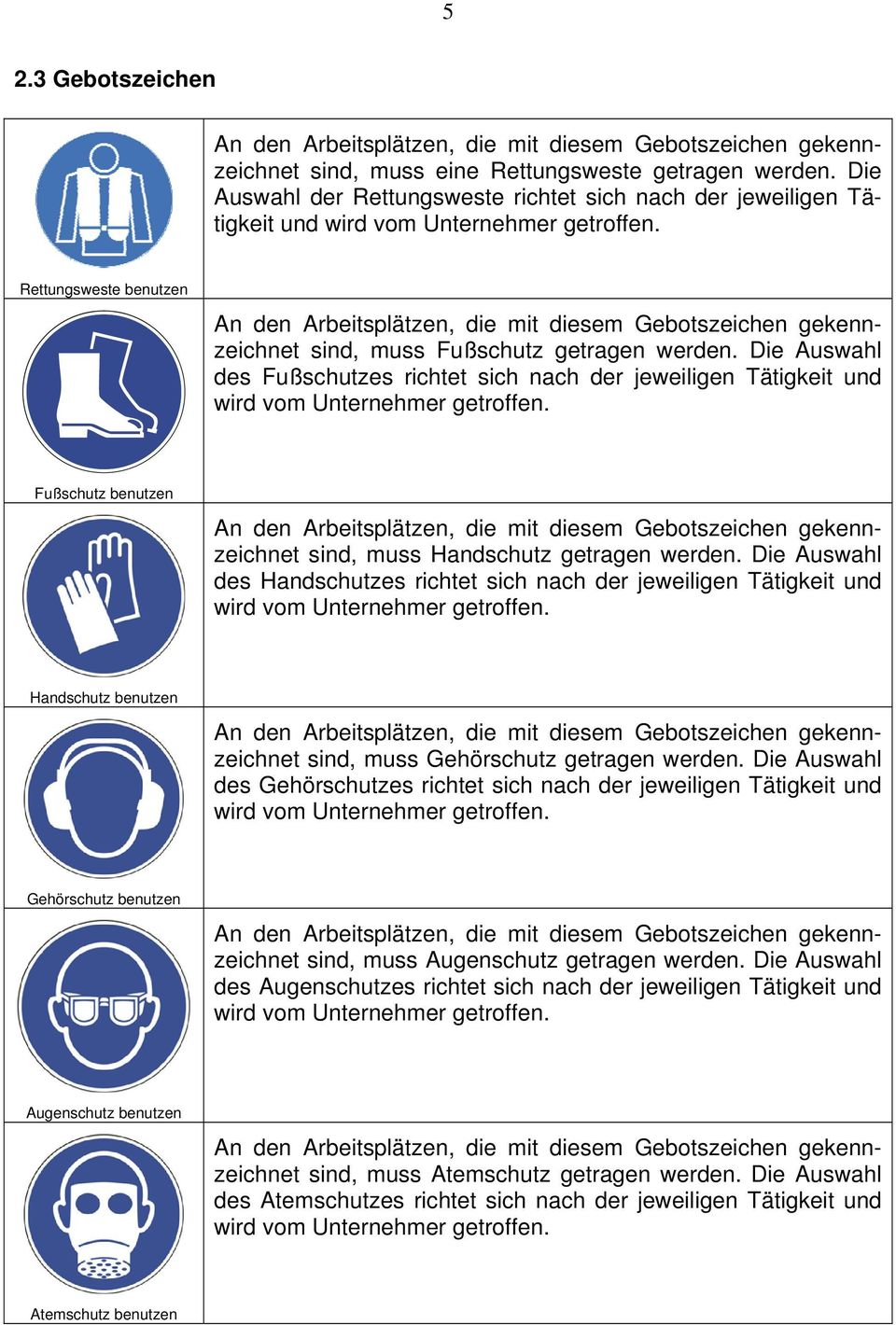 Fußschutz benutzen sind, muss Handschutz getragen werden. Die Auswahl des Handschutzes richtet sich nach der jeweiligen Tätigkeit und wird vom Unternehmer getroffen.