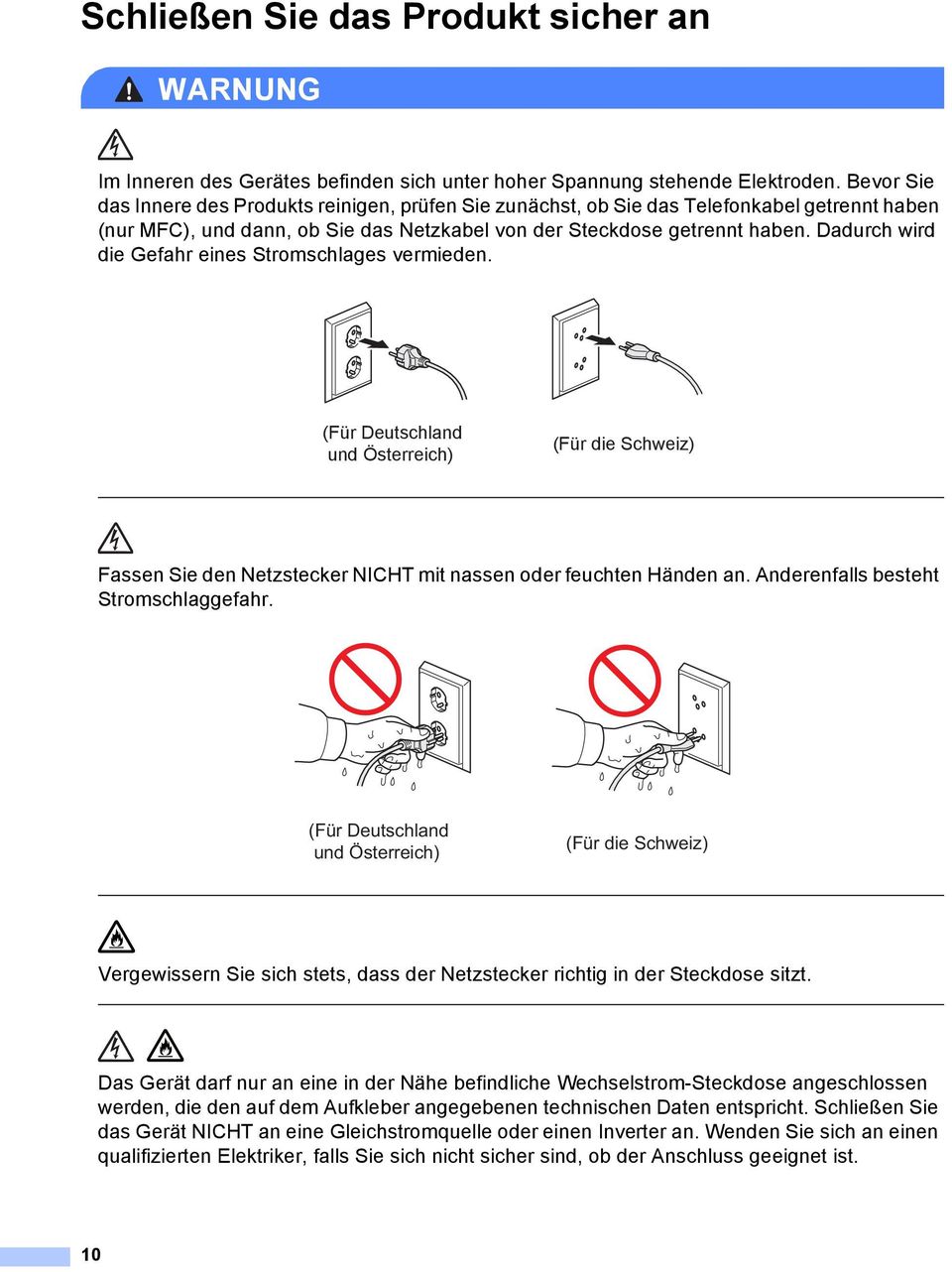 Dadurch wird die Gefahr eines Stromschlages vermieden. (Für Deutschland und Österreich) (Für die Schweiz) Fassen Sie den Netzstecker NICHT mit nassen oder feuchten Händen an.