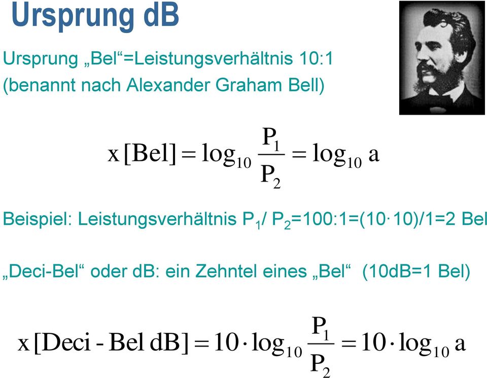 Beispiel: Leistungsverhältnis P / P =0:=( )/= Bel Deci-Bel