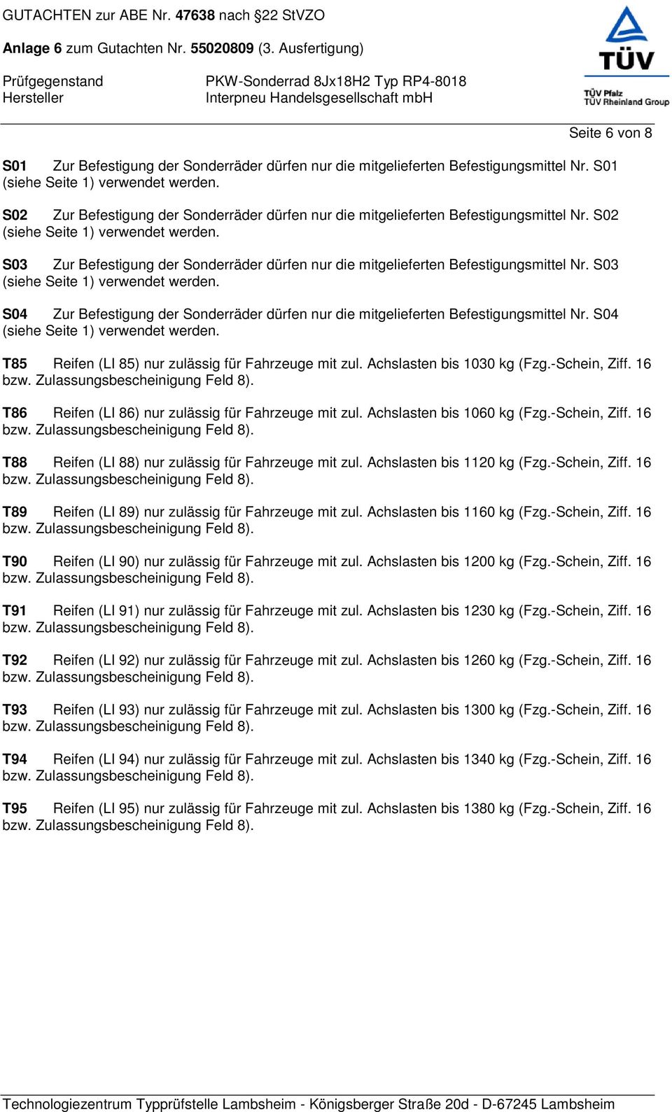 S03 Zur Befestigung der Sonderräder dürfen nur die mitgelieferten Befestigungsmittel Nr. S03 (siehe Seite 1) verwendet werden.