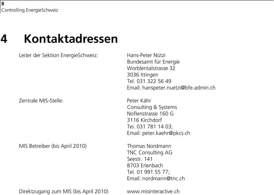 nuetzi@bfe.admin.ch Peter Kähr Consulting & Systems Noflenstrasse 160 G 3116 Kirchdorf Tei. 031 781 14 03; Email: peter.