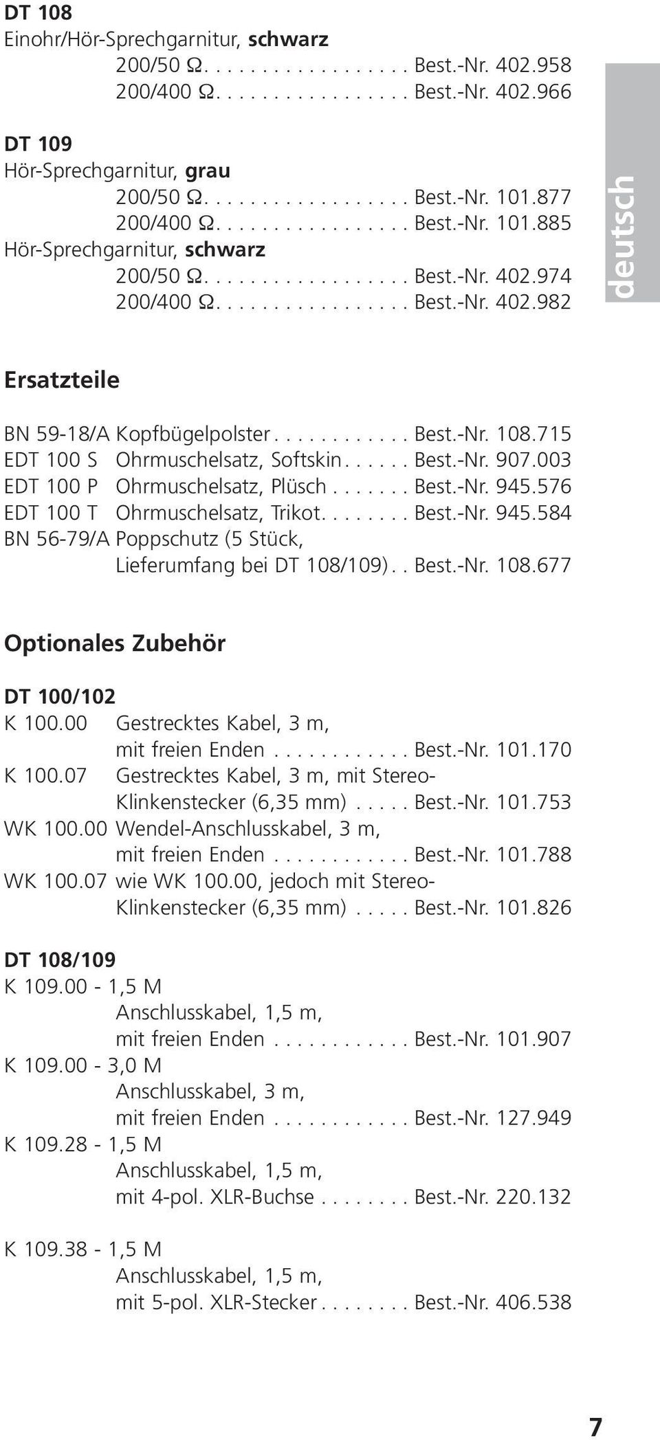 ........... Best.-Nr. 108.715 EDT 100 S Ohrmuschelsatz, Softskin...... Best.-Nr. 907.003 EDT 100 P Ohrmuschelsatz, Plüsch....... Best.-Nr. 945.