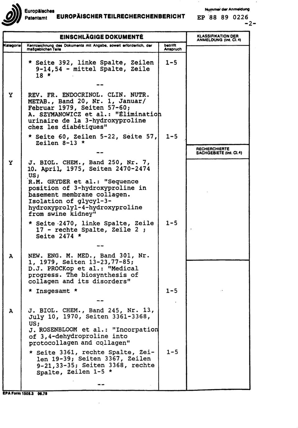 : "Eliminatio \ urinaire de la 3-hydroxyproline chez les diabetiques" * Seite 60, Zeilen 5-22, Seite 57, 1-5 Y J. BIOL. CHEM., Band 250, Nr. 7, 10. April, 1975, Seiten 2470-2474 US; R.M. GRYDER et al.