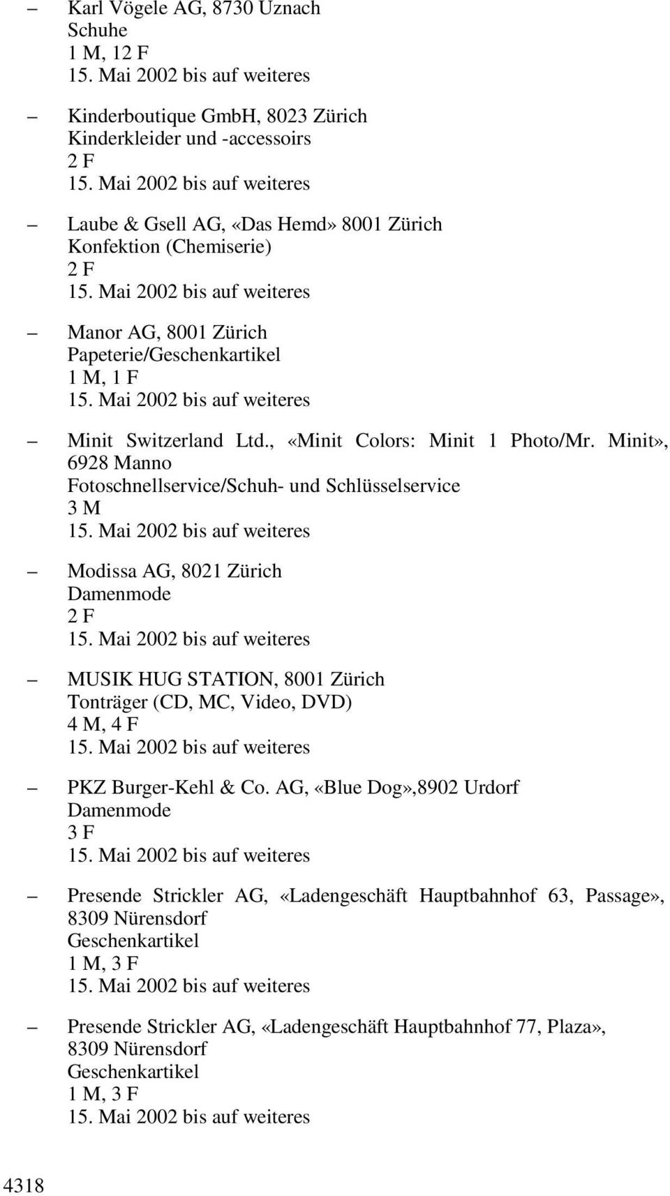 Minit», 6928 Manno Fotoschnellservice/Schuh- und Schlüsselservice 3 M Modissa AG, 8021 Zürich MUSIK HUG STATION, 8001 Zürich Tonträger (CD, MC, Video, DVD) 4 M, PKZ