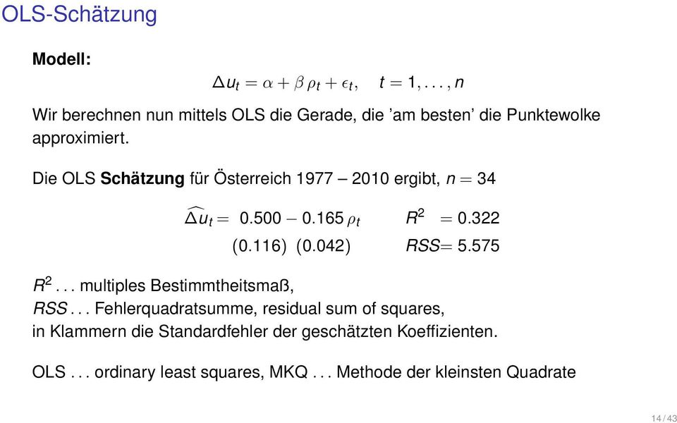 Die OLS Schätzung für Österreich 1977 2010 ergibt, n = 34 u t = 0.500 0.165 ρ t R 2 = 0.322 (0.116) (0.042) RSS= 5.