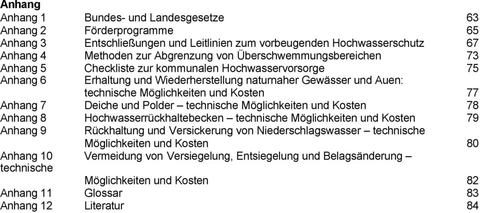 77 Anhang 7 Deiche und Polder technische Möglichkeiten und Kosten 78 Anhang 8 Hochwasserrückhaltebecken technische Möglichkeiten und Kosten 79 Anhang 9 Rückhaltung und Versickerung von