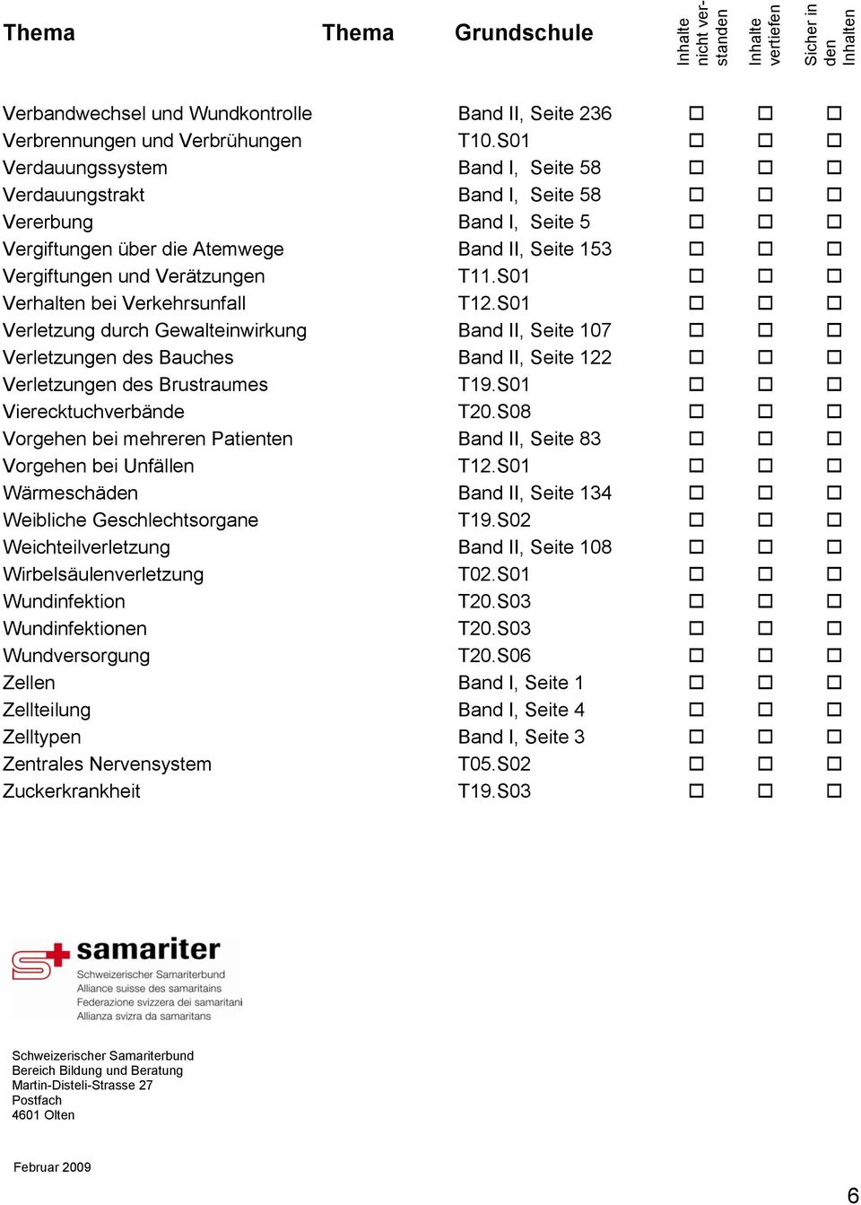 S01 Verhalten bei Verkehrsunfall T12.S01 Verletzung durch Gewalteinwirkung Band II, Seite 107 Verletzungen des Bauches Band II, Seite 122 Verletzungen des Brustraumes T19.S01 Vierecktuchverbände T20.