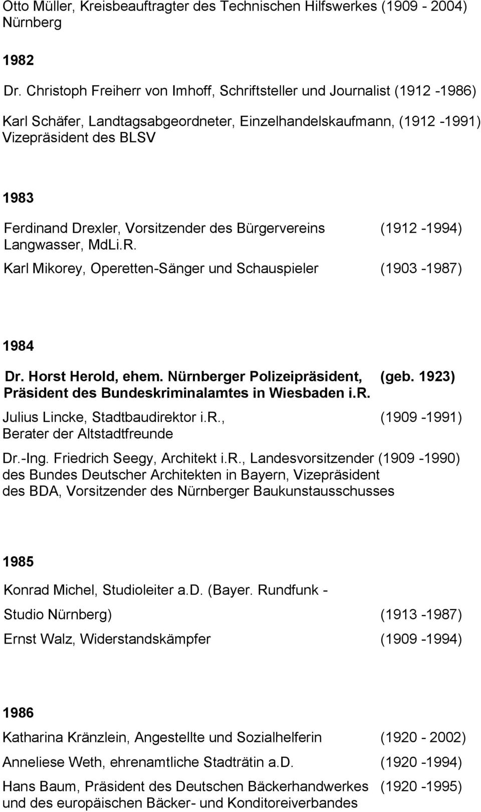Vorsitzender des Bürgervereins (1912-1994) Langwasser, MdLi.R. Karl Mikorey, Operetten-Sänger und Schauspieler (1903-1987) 1984 Dr. Horst Herold, ehem. Nürnberger Polizeipräsident, (geb.