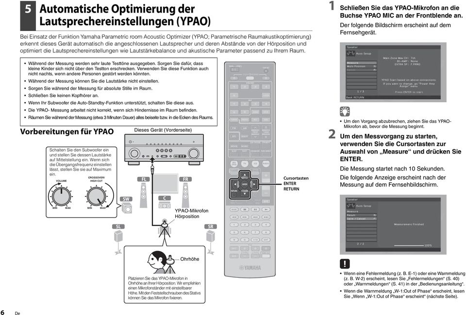 1 Schließen Sie das YPAO-Mikrofon an die Buchse YPAO MIC an der Frontblende an. Der folgende Bildschirm erscheint auf dem Fernsehgerät. Während der Messung werden sehr laute Testtöne ausgegeben.