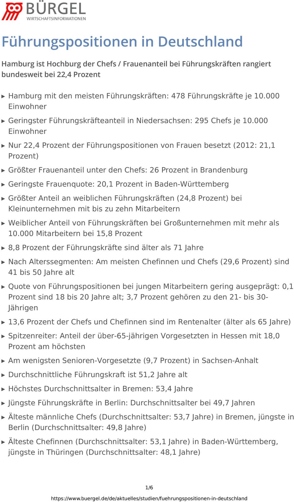 000 Einwohner Nur 22,4 Prozent der Führungspositionen von Frauen besetzt (2012: 21,1 Prozent) Größter Frauenanteil unter den Chefs: 26 Prozent in Brandenburg Geringste Frauenquote: 20,1 Prozent in