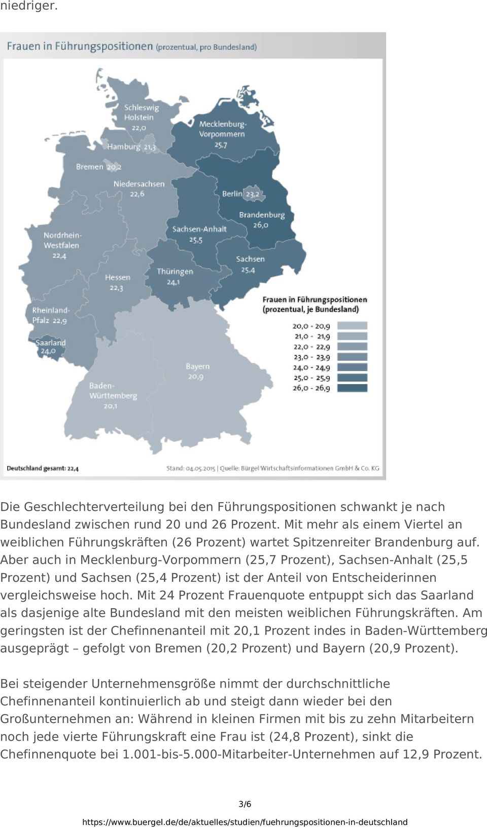 Aber auch in Mecklenburg-Vorpommern (25,7 Prozent), Sachsen-Anhalt (25,5 Prozent) und Sachsen (25,4 Prozent) ist der Anteil von Entscheiderinnen vergleichsweise hoch.