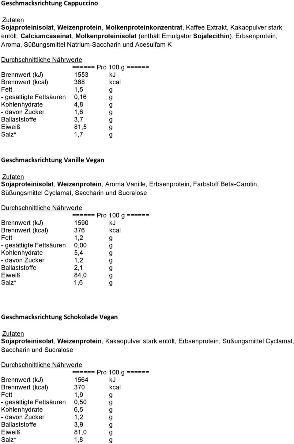 1,6 g Ballaststoffe 3,7 g Eiweiß 81,5 g Geschmacksrichtung Vanille Vegan Sojaproteinisolat, Weizenprotein, Aroma Vanille, Erbsenprotein, Farbstoff Beta-Carotin, Süßungsmittel Cyclamat, Saccharin und