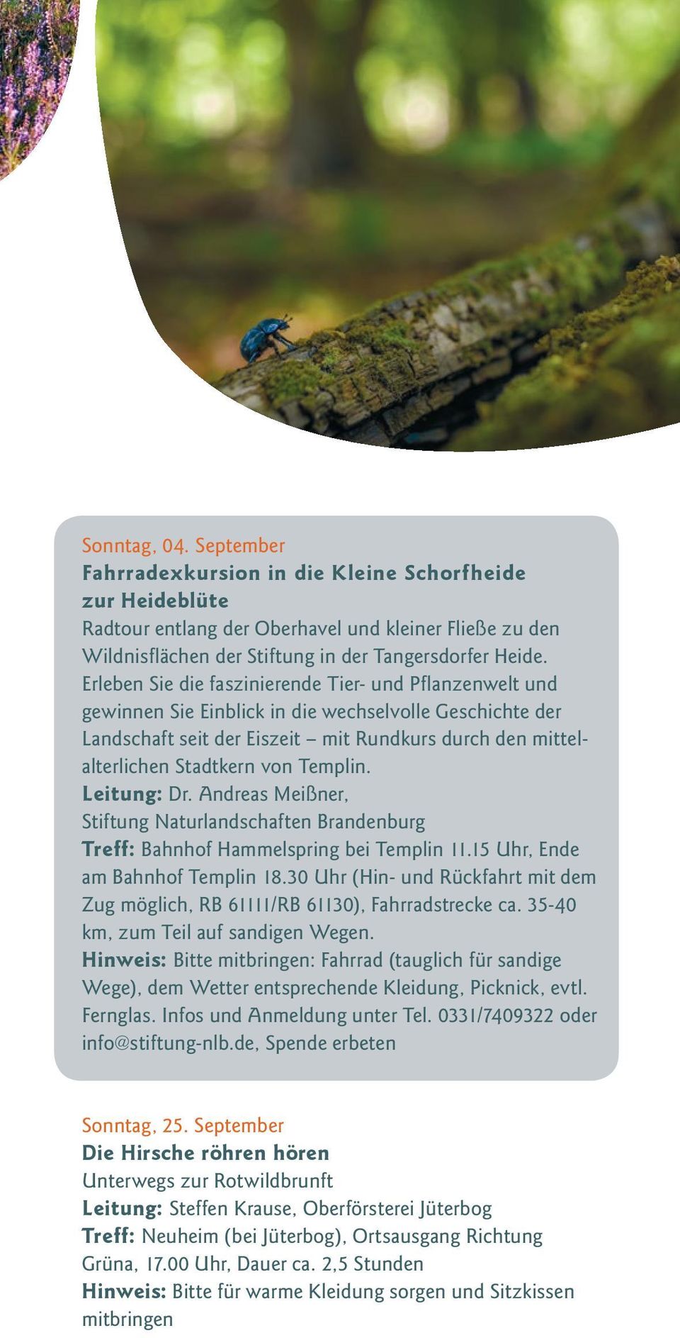 Templin. Leitung: Dr. Andreas Meißner, Stiftung Naturlandschaften Brandenburg Treff: Bahnhof Hammelspring bei Templin 11.15 Uhr, Ende am Bahnhof Templin 18.