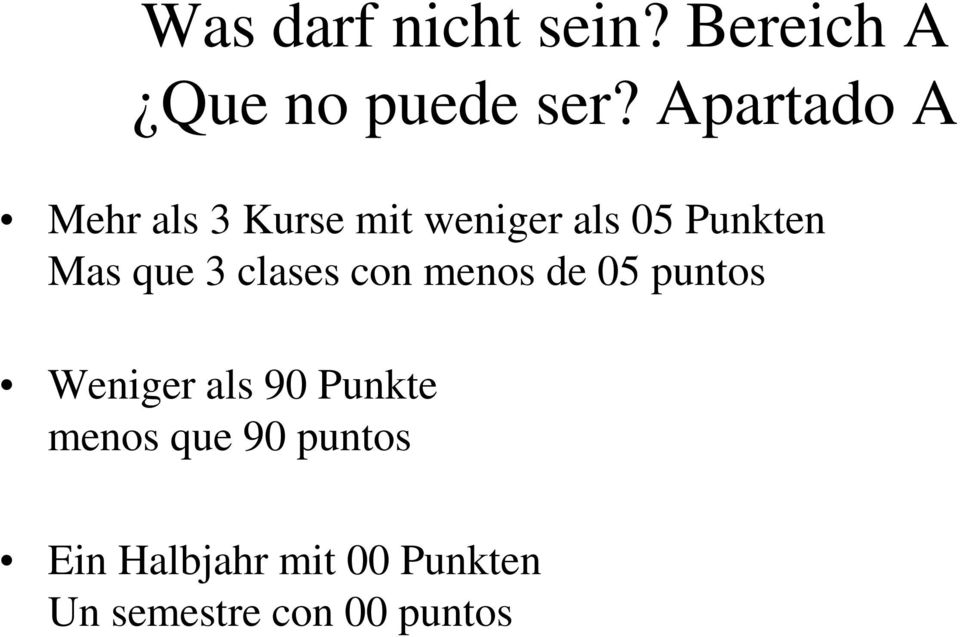 que 3 clases con menos de 05 puntos Weniger als 90 Punkte