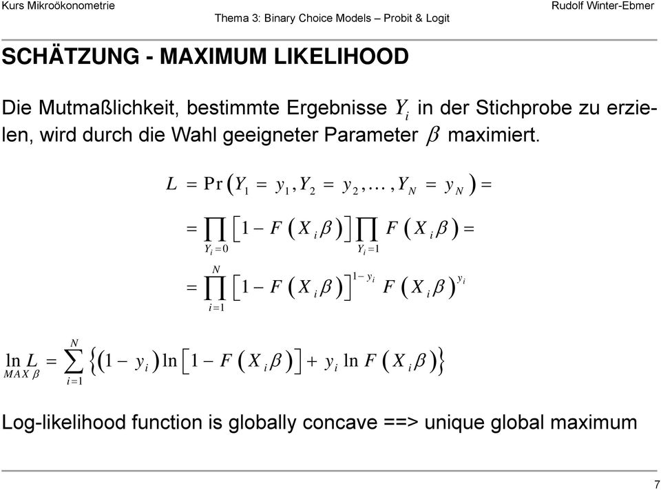 N i = 1 i = 1 Y i ( ) L = Pr Y = y, Y = y,, Y = y = 1 1 2 2 ( β ) ( β ) = 1 F X F X i = i Y = 0 Y = 1 i N = 1