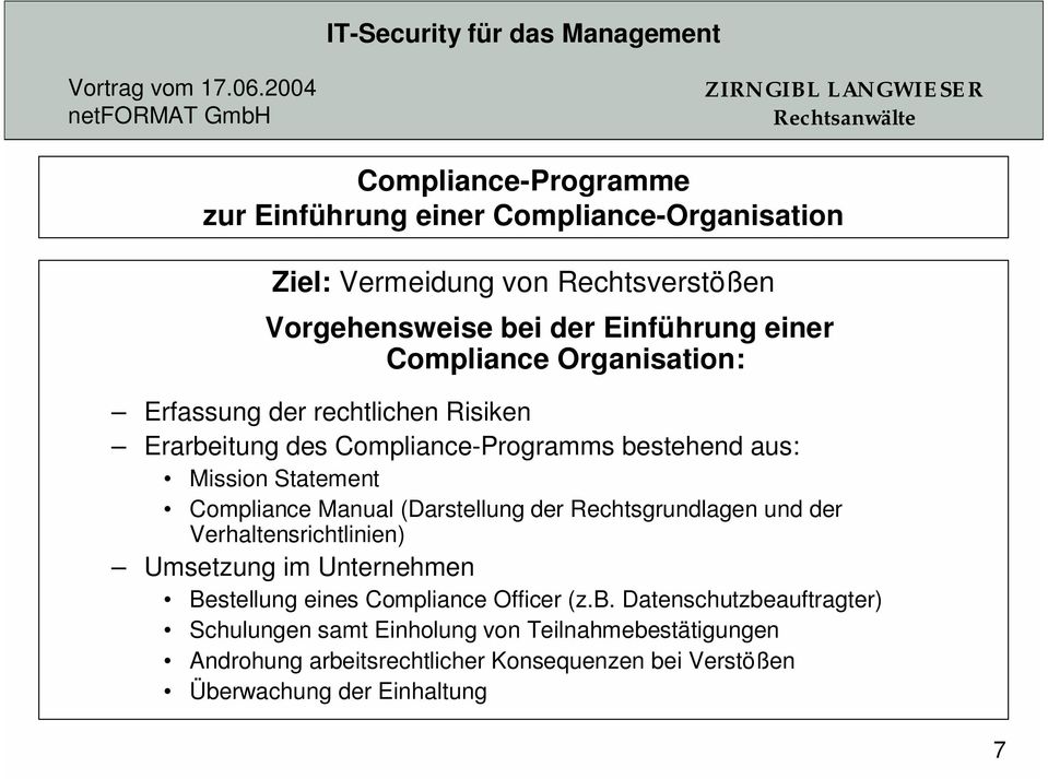 Manual (Darstellung der Rechtsgrundlagen und der Verhaltensrichtlinien) Umsetzung im Unternehmen Bestellung eines Compliance Officer (z.b.