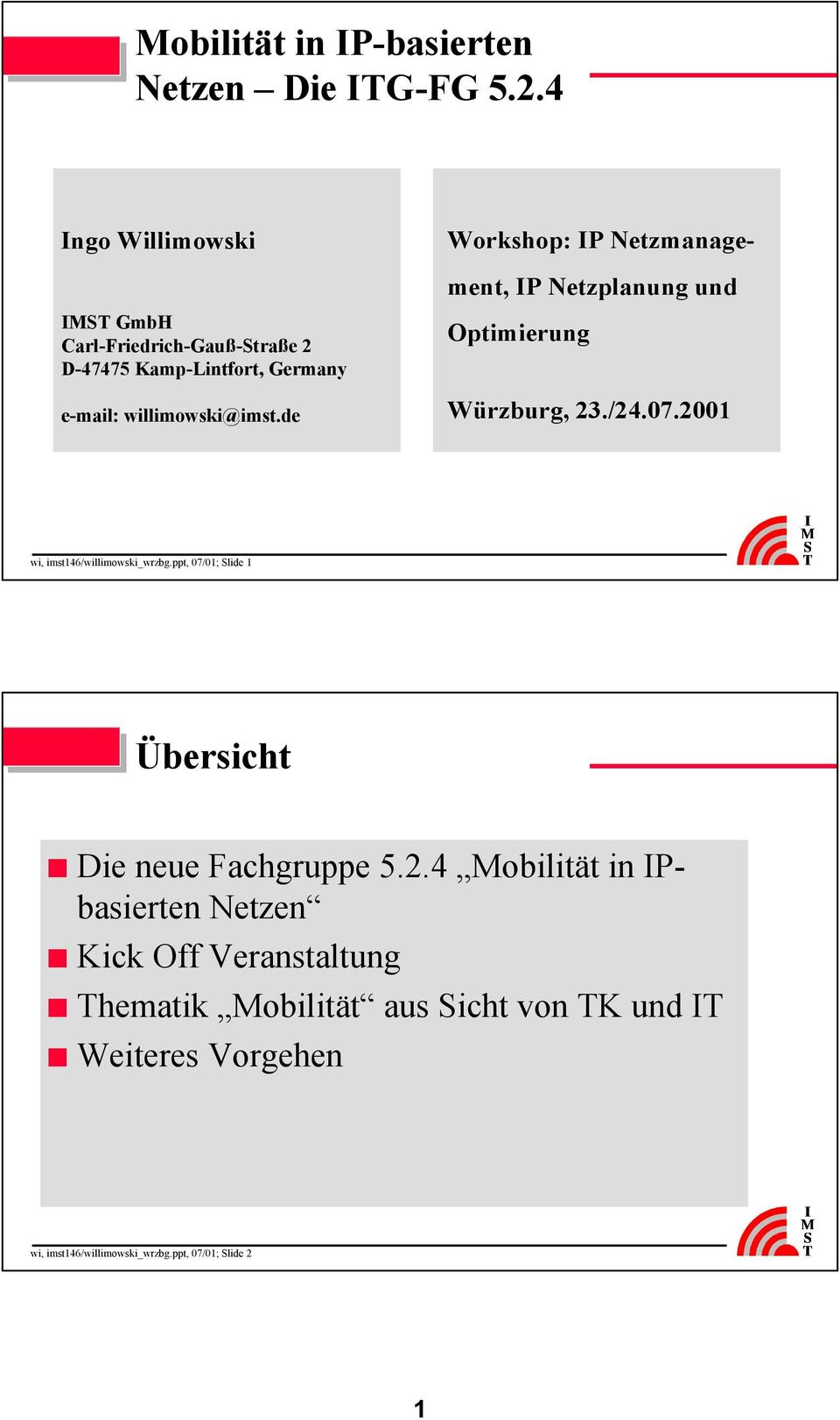 Kamp-Lintfort, Germany e-mail: willimowski@imst.de Optimierung Würzburg, 23./24.07.2001 wi, imst146/willimowski_wrzbg.