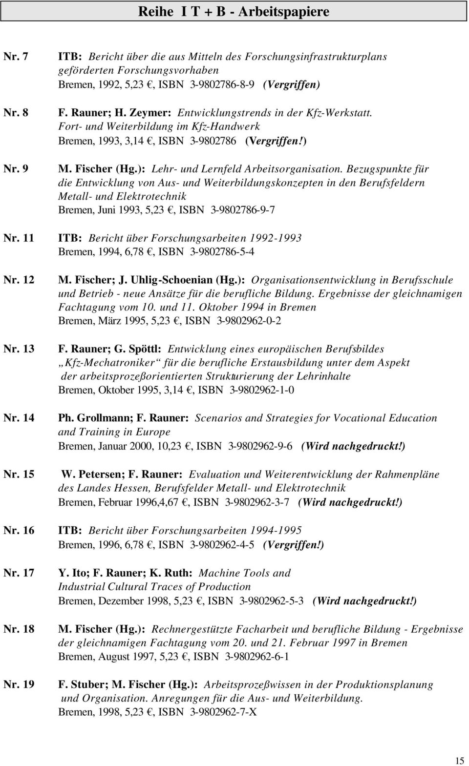 Zeymer: Entwicklungstrends in der Kfz-Werkstatt. Fort- und Weiterbildung im Kfz-Handwerk Bremen, 1993, 3,14, ISBN 3-9802786 (Vergriffen!) M. Fischer (Hg.): Lehr- und Lernfeld Arbeitsorganisation.