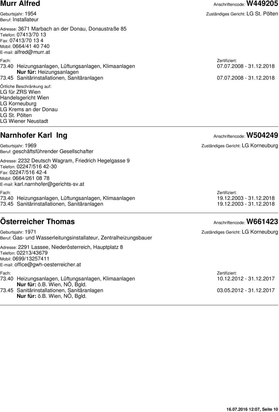 2018 73.45 Sanitärinstallationen, Sanitäranlagen 07.07.2008-31.12.2018 LG für ZRS Wien Handelsgericht Wien LG Korneuburg LG Krems an der Donau LG St.
