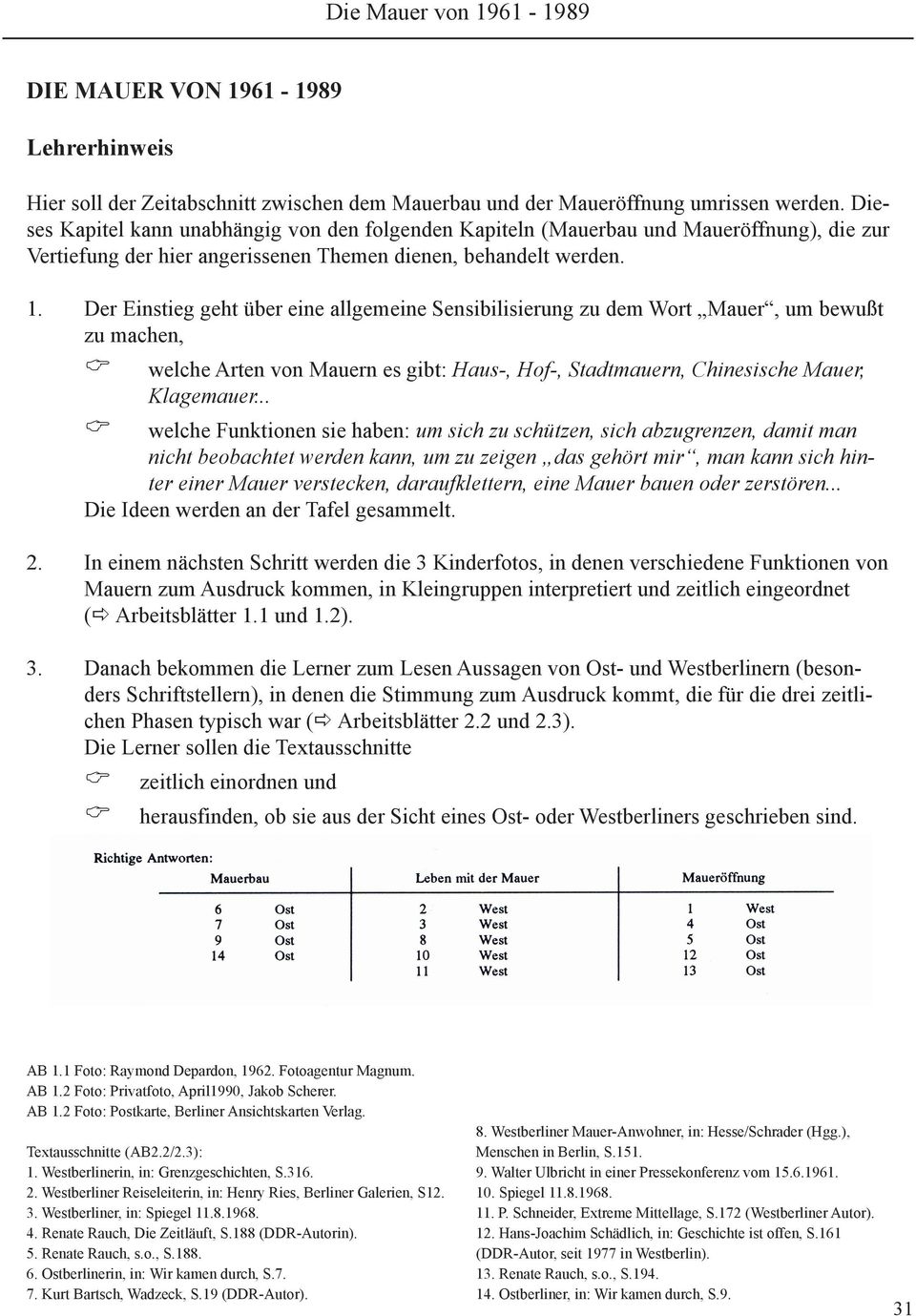 Der Einstieg geht über eine allgemeine Sensibilisierung zu dem Wort Mauer, um bewußt zu machen, welche Arten von Mauern es gibt: Haus-, Hof-, Stadtmauern, Chinesische Mauer, Klagemauer.