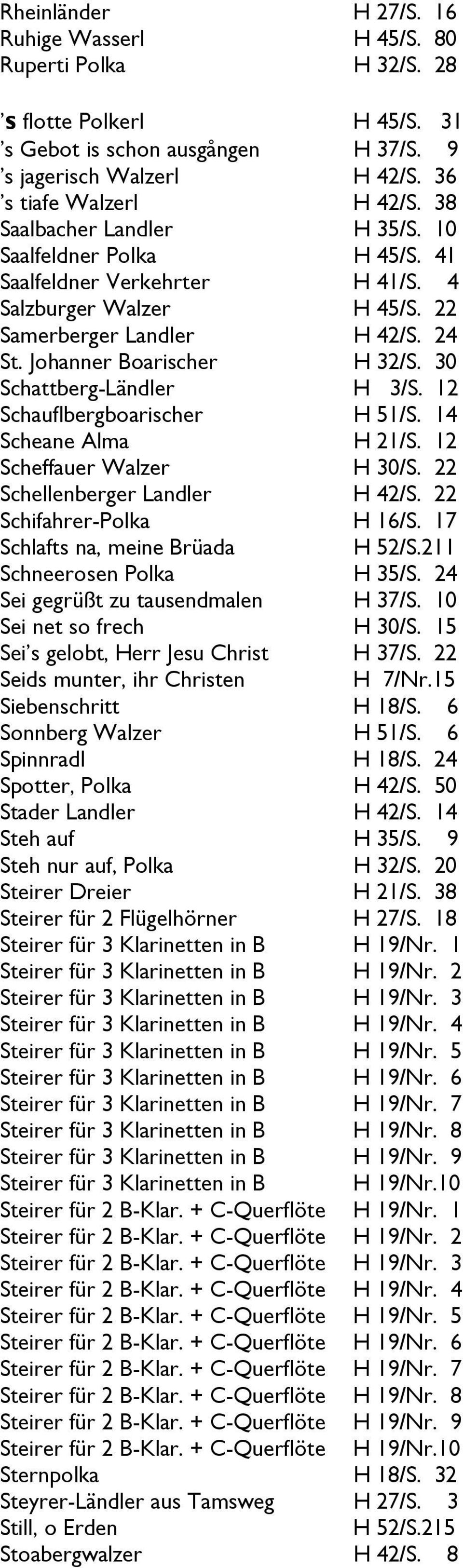 30 Schattberg-Ländler H 3/S. 12 Schauflbergboarischer H 51/S. 14 Scheane Alma H 21/S. 12 Scheffauer Walzer H 30/S. 22 Schellenberger Landler H 42/S. 22 Schifahrer-Polka H 16/S.