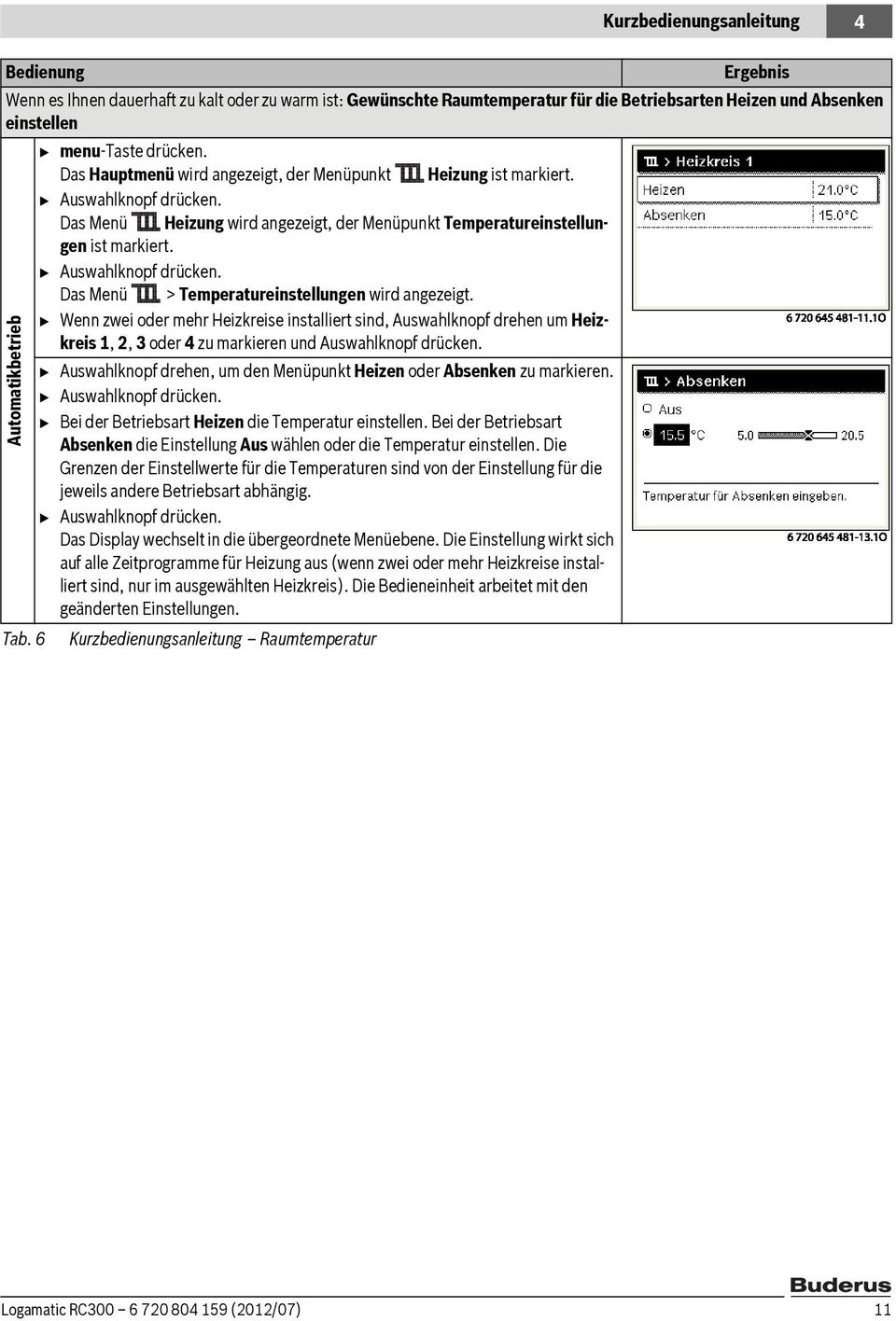 Das Menü > Temperatureinstellungen wird angezeigt. B Wenn zwei oder mehr Heizkreise installiert sind, Auswahlknopf drehen um Heizkreis 1, 2, 3 oder 4 zu markieren und Auswahlknopf drücken.