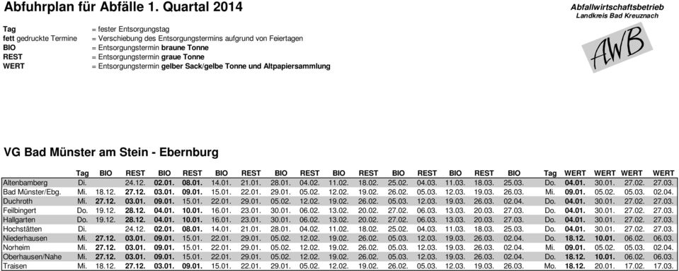 04.01. 30.01. 27.02. 27.03. Feilbingert Do. 19.12. 28.12. 04.01. 10.01. 16.01. 23.01. 30.01. 06.02. 13.02. 20.02. 27.02. 06.03. 13.03. 20.03. 27.03. Do. 04.01. 30.01. 27.02. 27.03. Hallgarten Do. 19.12. 28.12. 04.01. 10.01. 16.01. 23.01. 30.01. 06.02. 13.02. 20.02. 27.02. 06.03. 13.03. 20.03. 27.03. Do. 04.01. 30.01. 27.02. 27.03. Hochstätten Di.