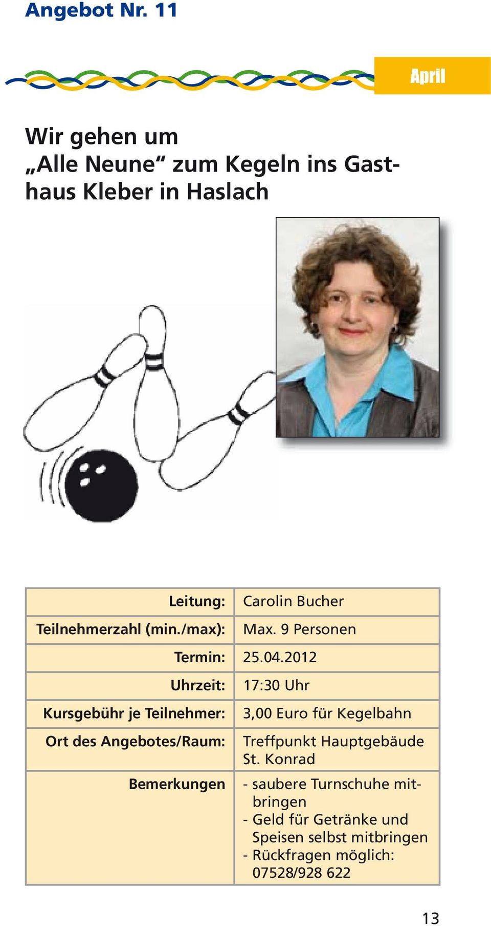 /max): Carolin Bucher Max. 9 Personen Termin: 25.04.
