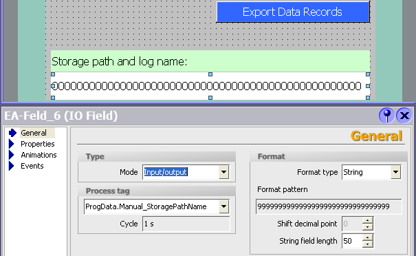 3 Projektierung Nr. Beschreibung Bilder 3. Bild 1 Export Datensatz Über die Schaltfläche wird der zuvor geladene Datensatz als *.csv Datei exportiert - auf eine Speicherkarte gespeichert.