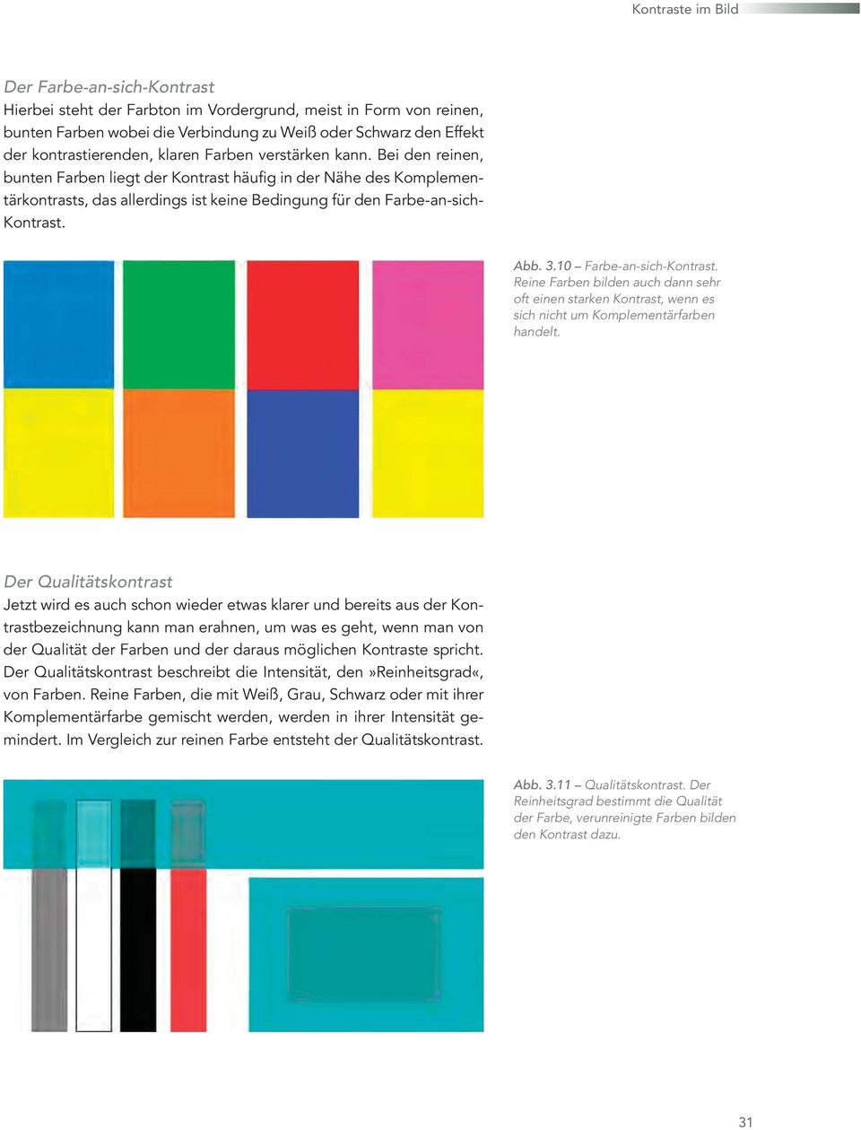 Bei den reinen, bunten Farben liegt der Kontrast häufig in der Nähe des Komplementärkontrasts, das allerdings ist keine Bedingung für den Farbe- an-sich- Kontrast. Abb. 3.10 Farbe-an-sich-Kontrast.