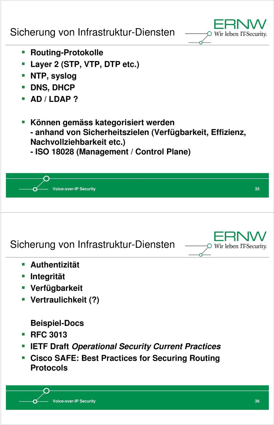 ) - ISO 18028 (Management / Control Plane) Voice-over-IP Security 35 Sicherung von Infrastruktur-Diensten Authentizität Integrität