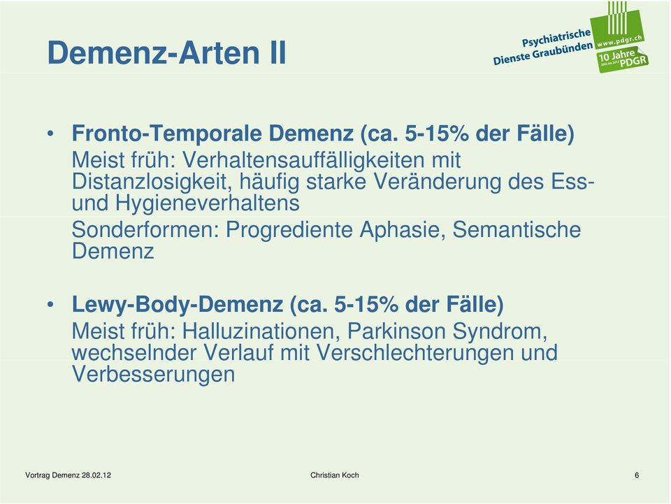 des Essund Hygieneverhaltens Sonderformen: Progrediente Aphasie, Semantische Demenz Lewy-Body-Demenz (ca.