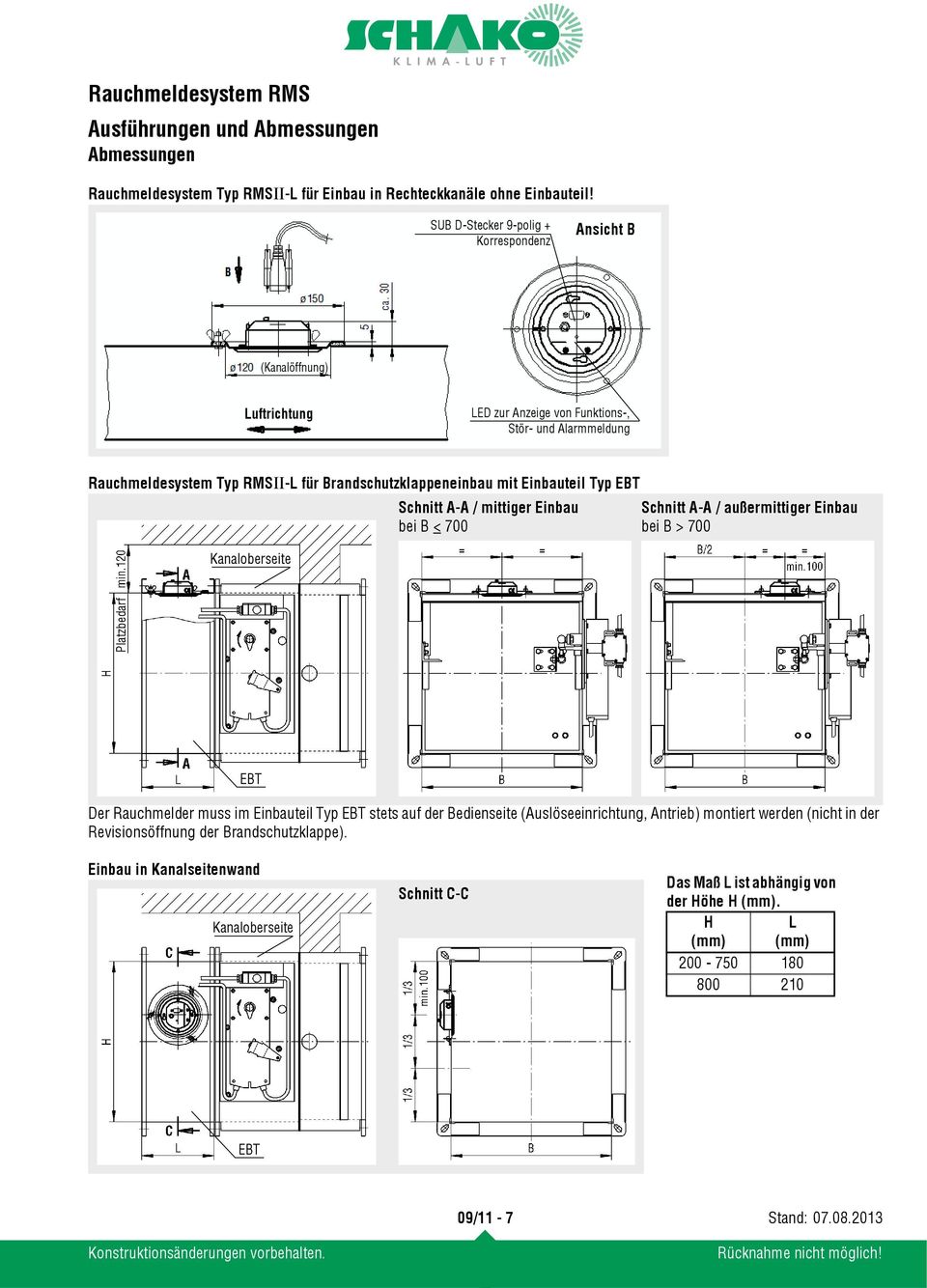 mit Einbauteil Typ EBT Kanaloberseite Schnitt A-A / mittiger Einbau bei B < 700 Schnitt A-A / außermittiger Einbau bei B > 700 Platzbedarf EBT Der Rauchmelder muss im Einbauteil Typ EBT