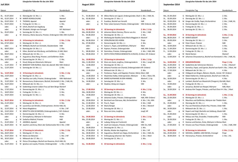 , 03.09.2014 G W Gregor der Große, Papst, Kirchenlehrer 2. Wo. HdK, KiL Fr., 04.07.2014 G Freitag der 13. Wo. i. J. 1. Wo. oder: g W Peter Julian Eymard, Priester, Ordensgründer hlm: Ordensl, HdK Do.