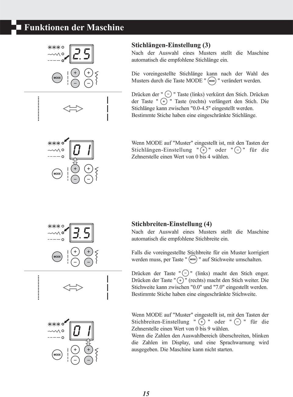 Drücken der Taste " " Taste (rechts) verlängert den Stich. Die Stichlänge kann zwischen "0.0-4.5" eingestellt werden. Bestimmte Stiche haben eine eingeschränkte Stichlänge.