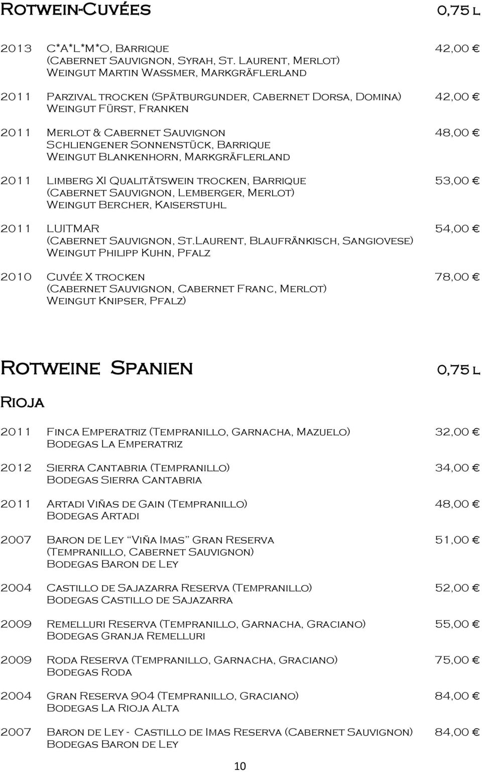 Blankenhorn, Markgräflerland 2011 Limberg XI Qualitätswein trocken, Barrique 53,00 (Cabernet Sauvignon, Lemberger, Merlot) Weingut Bercher, Kaiserstuhl 2011 LUITMAR 54,00 (Cabernet Sauvignon, St.