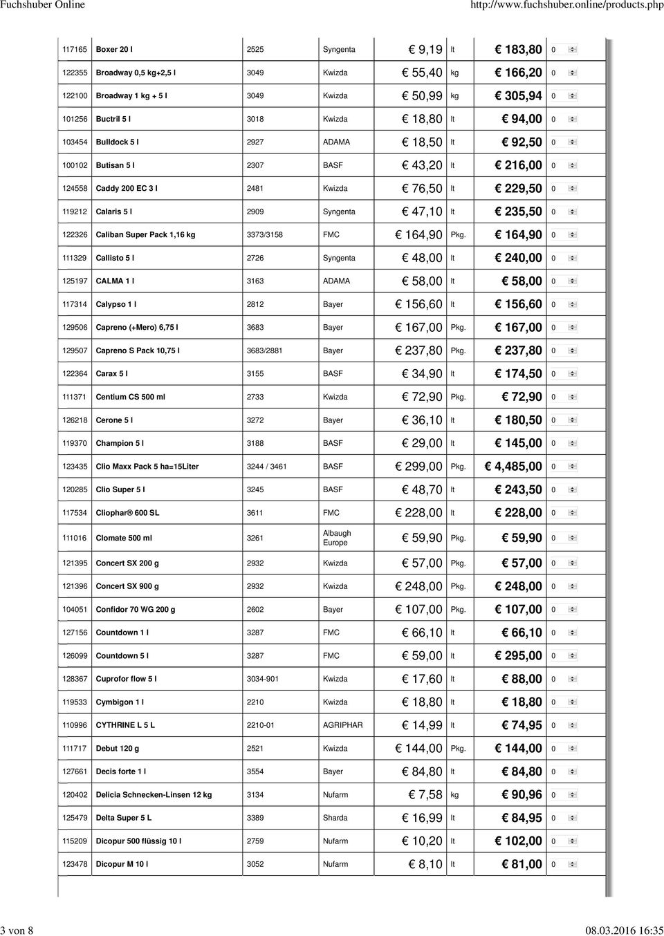 Kwizda 18,80 lt 94,00 103454 Bulldock 5 l 2927 ADAMA 18,50 lt 92,50 100102 Butisan 5 l 2307 BASF 43,20 lt 216,00 124558 Caddy 200 EC 3 l 2481 Kwizda 76,50 lt 229,50 119212 Calaris 5 l 2909 Syngenta