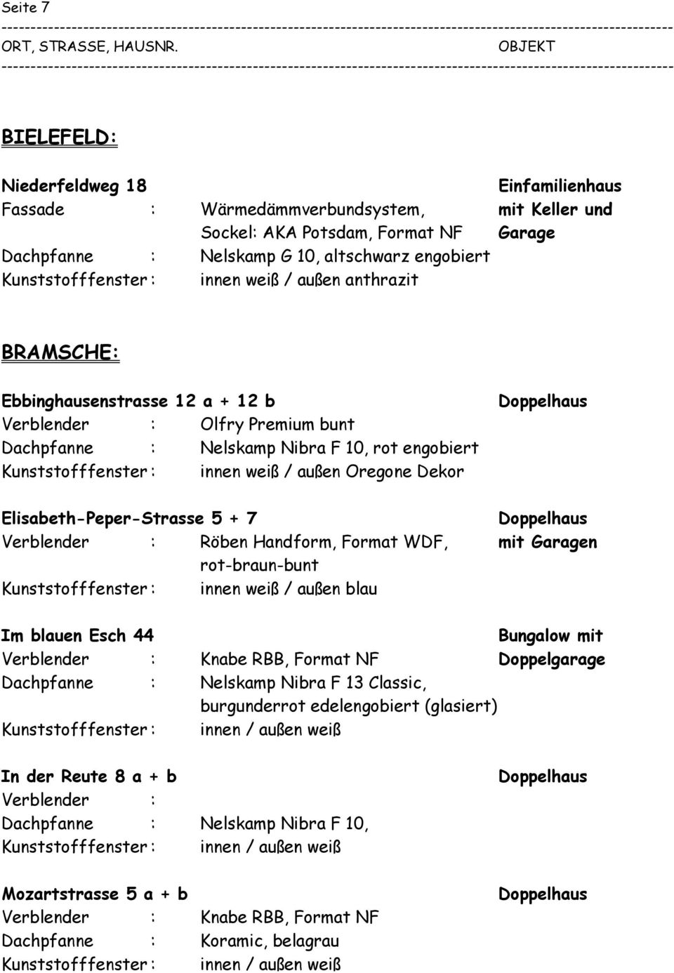 Elisabeth-Peper-Strasse 5 + 7 Verblender : Röben Handform, Format WDF, mit Garagen rot-braun-bunt Im blauen Esch 44 Bungalow mit Verblender : Knabe RBB, Doppelgarage Dachpfanne :