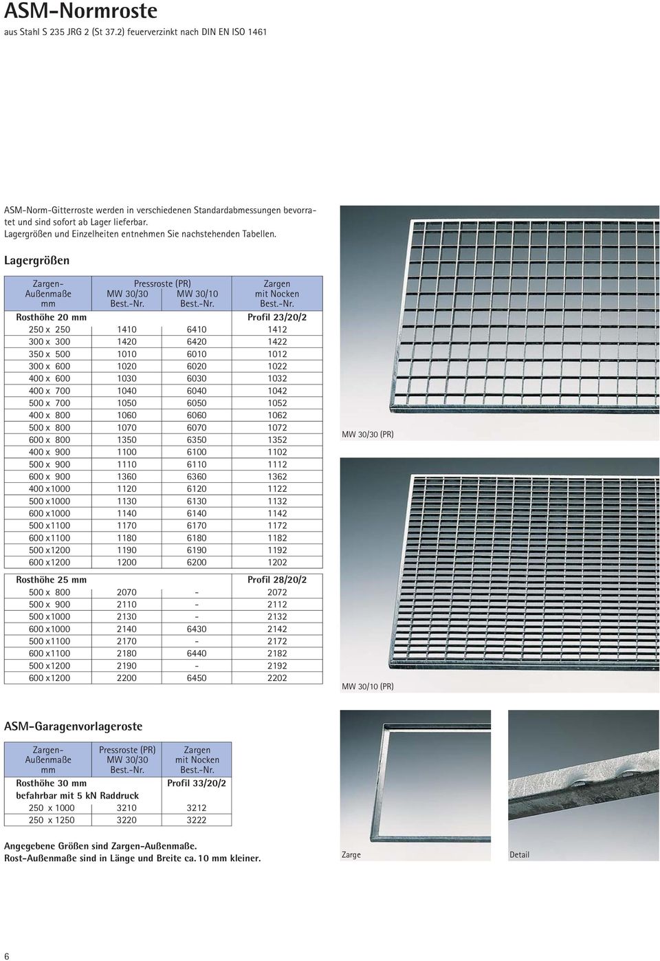 Lagergrößen Zargen- Pressroste (PR) Zargen Außenmaße mm MW 30/30 MW 30/10 mit Nocken Rosthöhe 20 mm Profil 23/20/2 250 x1250 1410 6410 1412 300 x1300 1420 6420 1422 350 x1500 1010 6010 1012 300 x1600