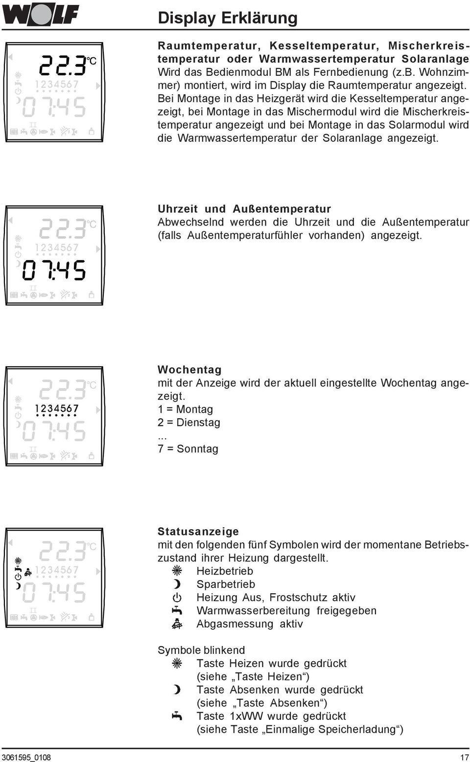 Bei Montage in das Heizgerät wird die Kesseltemperatur angezeigt, bei Montage in das Mischermodul wird die Mischerkreistemperatur angezeigt und bei Montage in das Solarmodul wird die