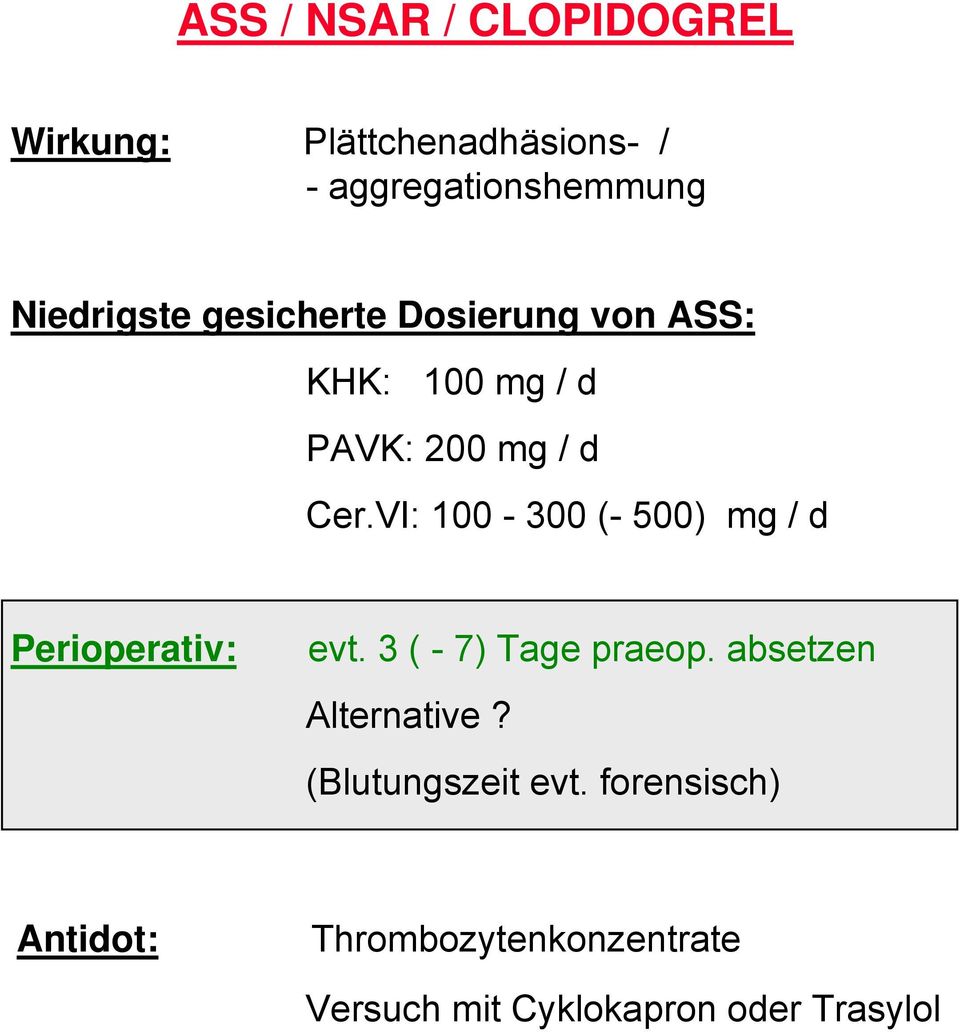 VI: 100-300 (- 500) mg / d Perioperativ: evt. 3 ( - 7) Tage praeop.