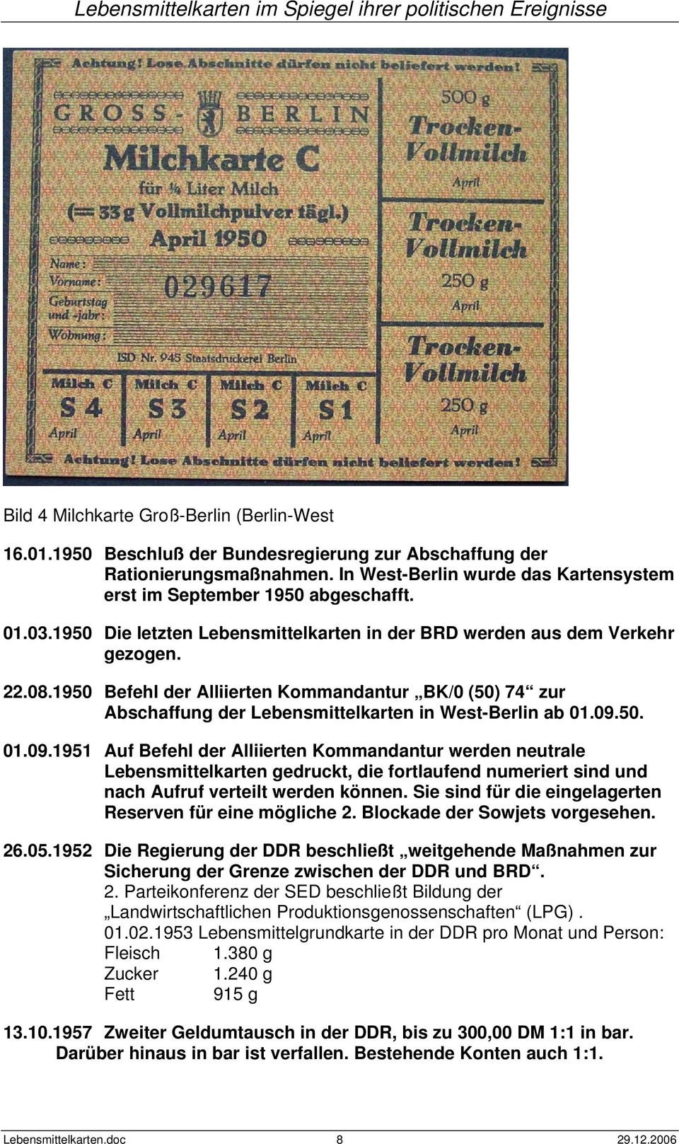 1950 Befehl der Alliierten Kommandantur BK/0 (50) 74 zur Abschaffung der Lebensmittelkarten in West-Berlin ab 01.09.