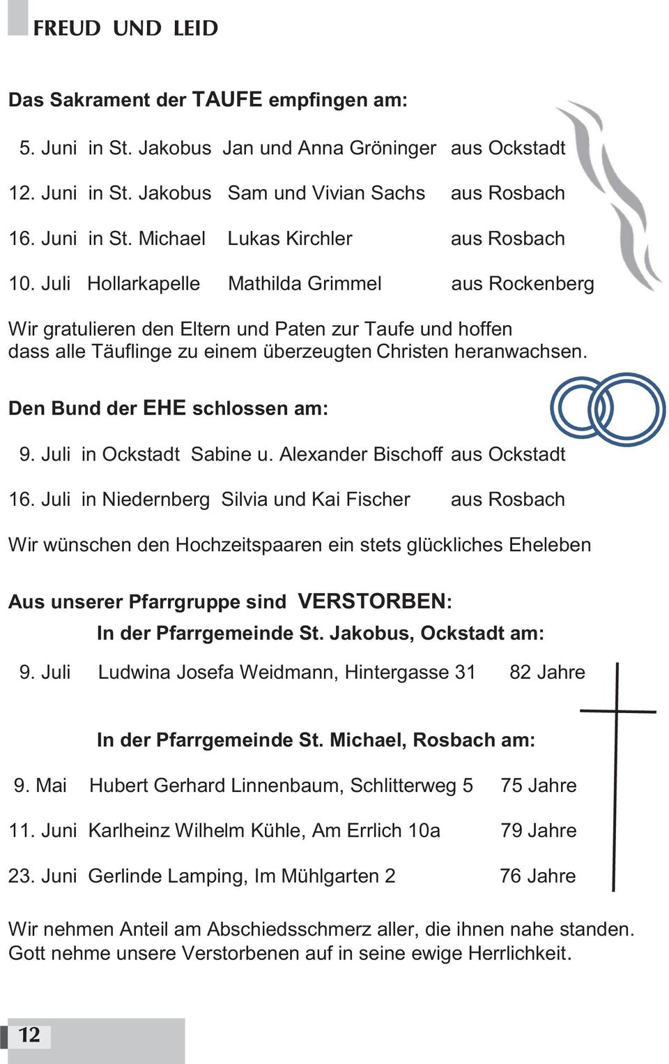 Den Bund der EHE schlossen am: 9. Juli in Ockstadt Sabine u. Alexander Bischoff aus Ockstadt 16.