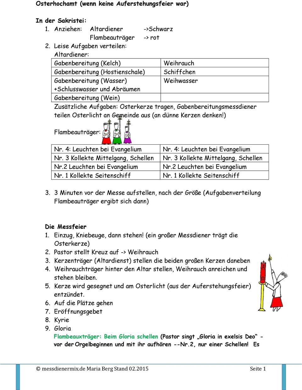 Zusätzliche Aufgaben: Osterkerze tragen, Gabenbereitungsmessdiener teilen Osterlicht an Gemeinde aus (an dünne Kerzen denken!) Flambeauträger: Nr. 4: Leuchten bei Evangelium Nr.