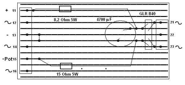 Bild 5 Leiterplatte, Aufbau, Lötseite Klemme 21 und 23 werden mit dem Trafo verbunden, das Potenziometer (Maximalwertseite) wird bei LED-Betrieb an 11, bei Glühlampenbetrieb an 12 angeschlossen.
