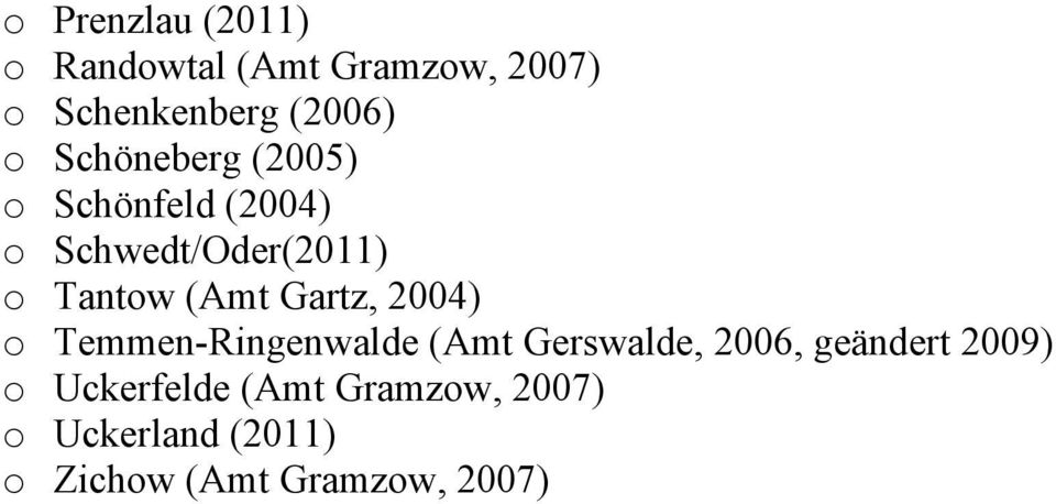 Gartz, 2004) o Temmen-Ringenwalde (Amt Gerswalde, 2006, geändert 2009) o